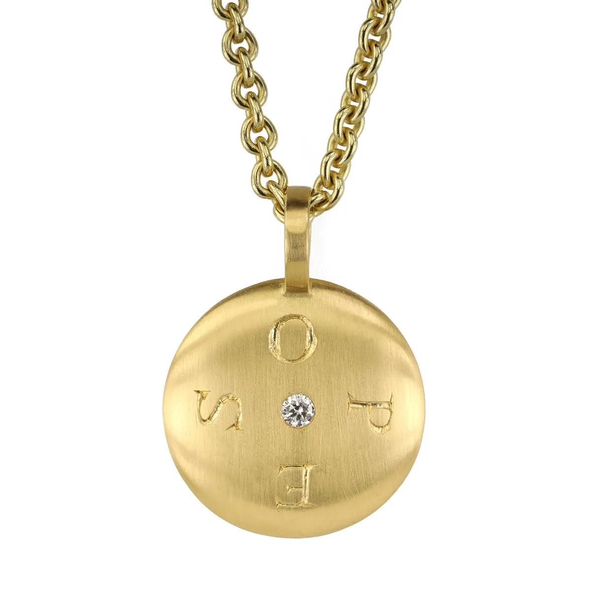 20K Gold Large Lentil Reversible Pendant with Spes/Opes Engraving and Diamond Center