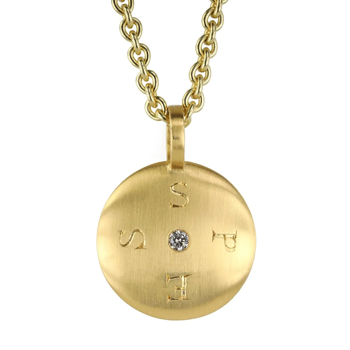 20K Gold Large Lentil Reversible Pendant with Spes/Opes Engraving and Diamond Center