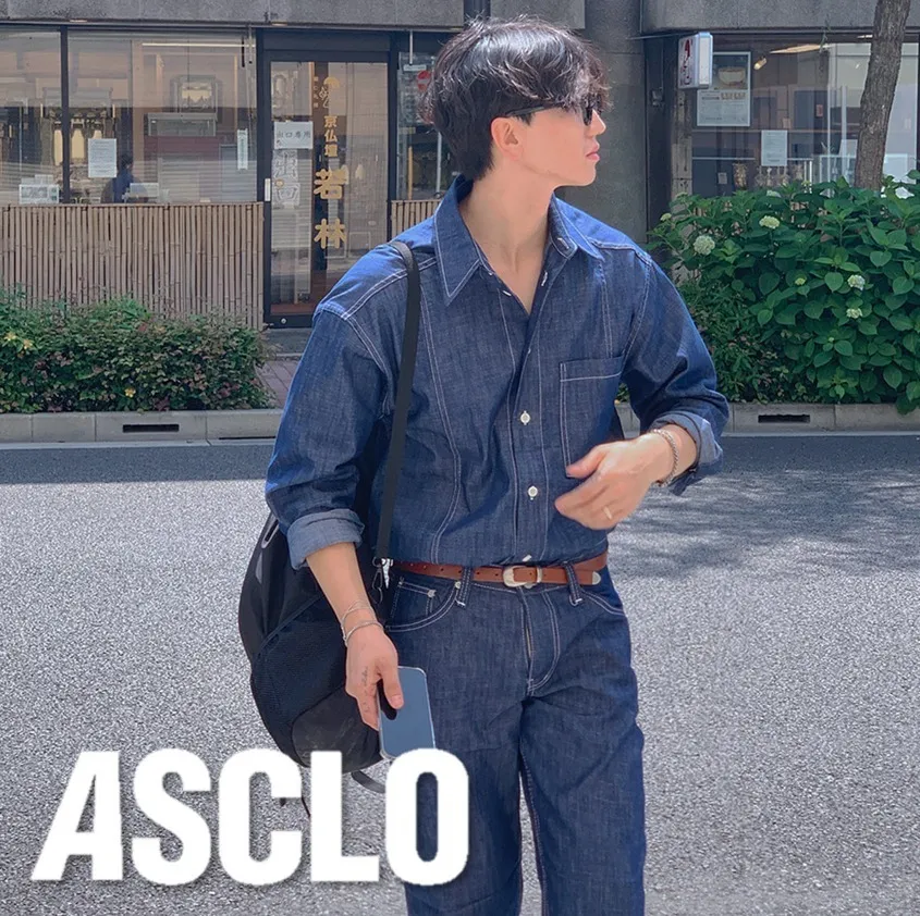 ASCLO  |Casual Style Unisex Denim Linen Street Style Long Sleeves