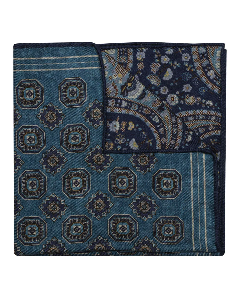 Blue and Gold Floral Medallion Reversible Silk Pocket Square