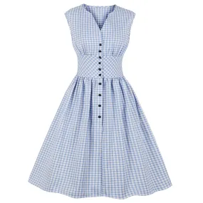 Blue Plaid Button V Neck High Waist Robe Pin Up Swing Flare Holiday Party Casual Dresses