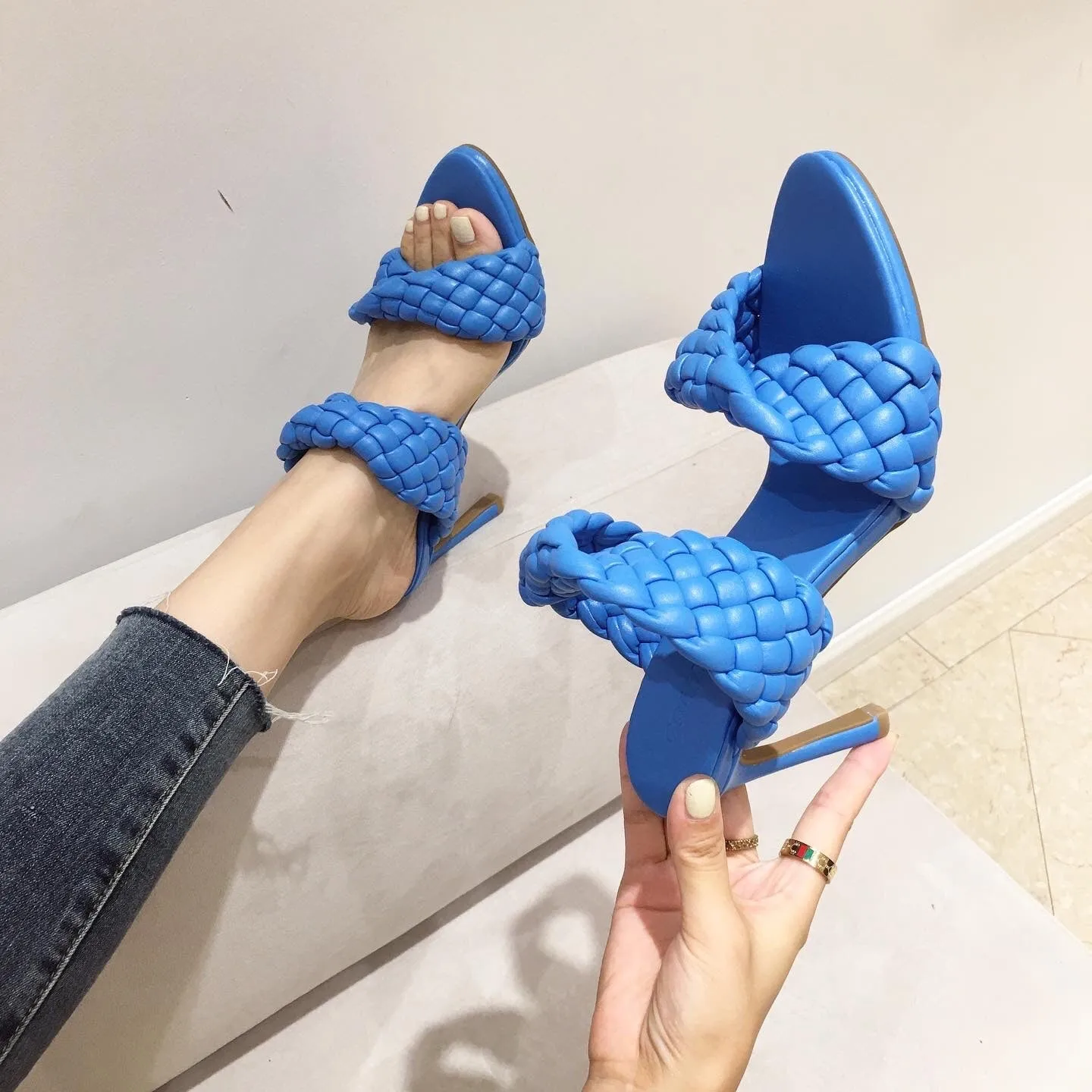 Blue Weave Synthetic Leather Pointed Toe Slip-on High Heel Pumps for Women