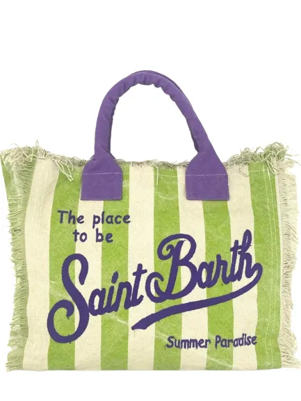 BORSA A RIGHE VERDE IN CANVAS CON LOGO VIOLA