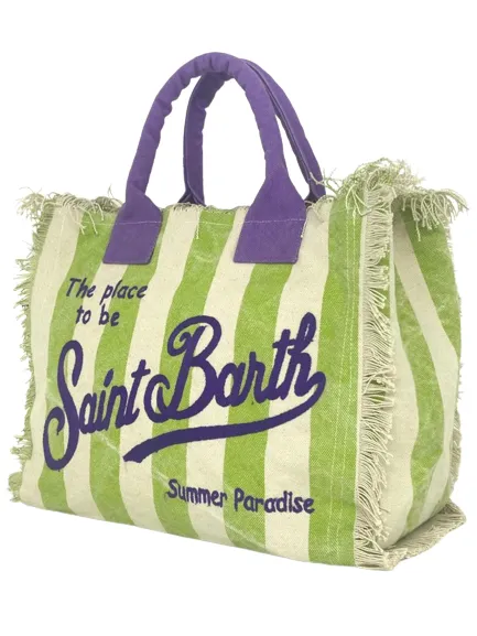 BORSA A RIGHE VERDE IN CANVAS CON LOGO VIOLA