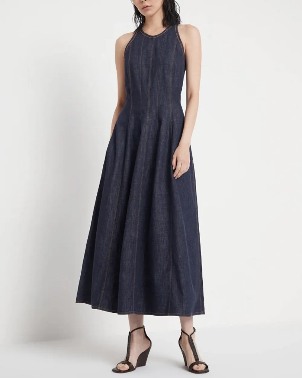 Contrast Stitch Structured Denim Midi Dress in Dark Wash