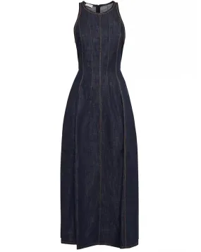 Contrast Stitch Structured Denim Midi Dress in Dark Wash