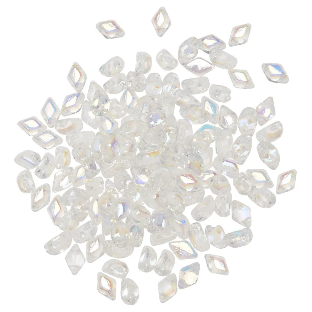 Czech Glass Mini GemDuo, 2-Hole Diamond Shaped Beads 6x4mm, Crystal AB (8.5 Grams)