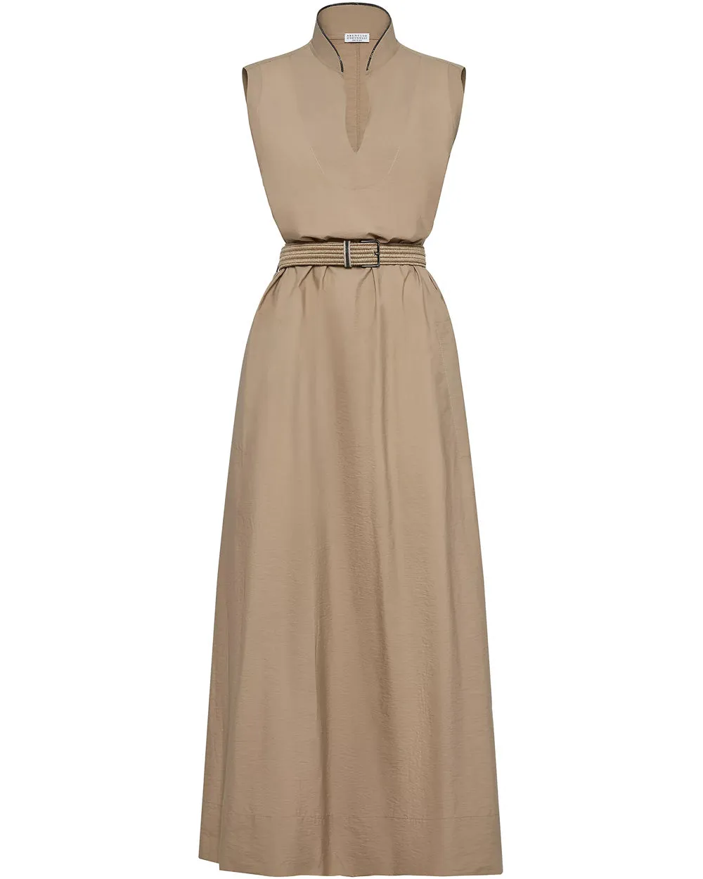 Dark Beige Sleeveless Belted Midi Dress