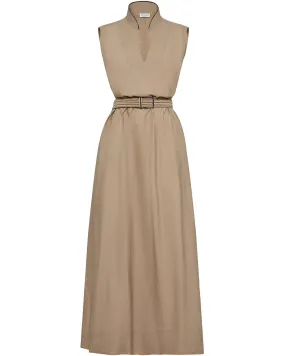 Dark Beige Sleeveless Belted Midi Dress