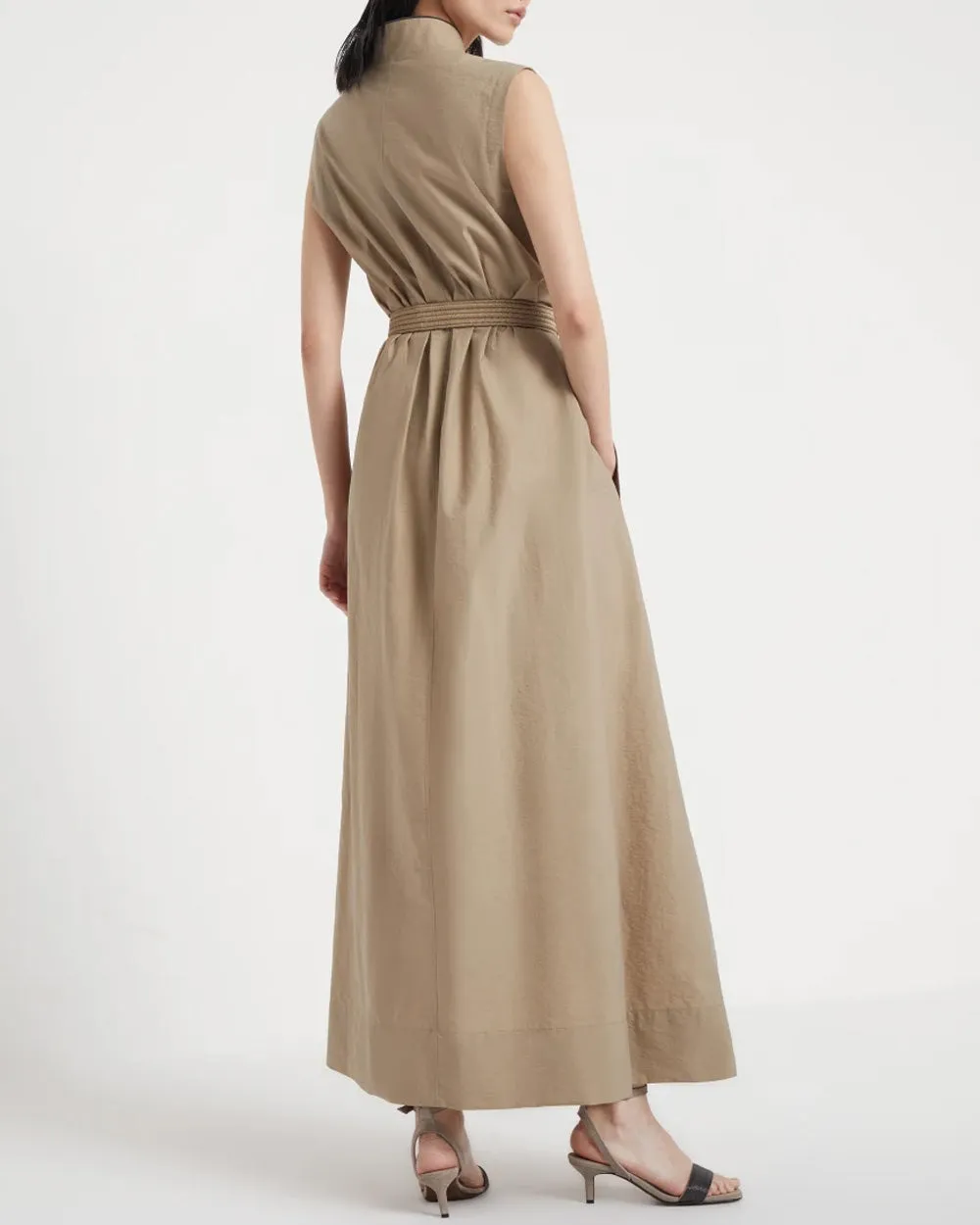 Dark Beige Sleeveless Belted Midi Dress