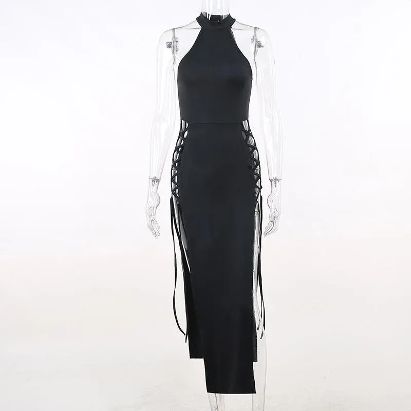 Dark High Split Sexy Bandage Gothic Halter Slim Midi Dress