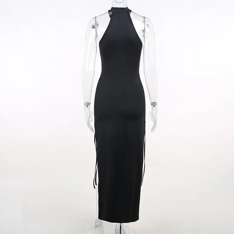 Dark High Split Sexy Bandage Gothic Halter Slim Midi Dress