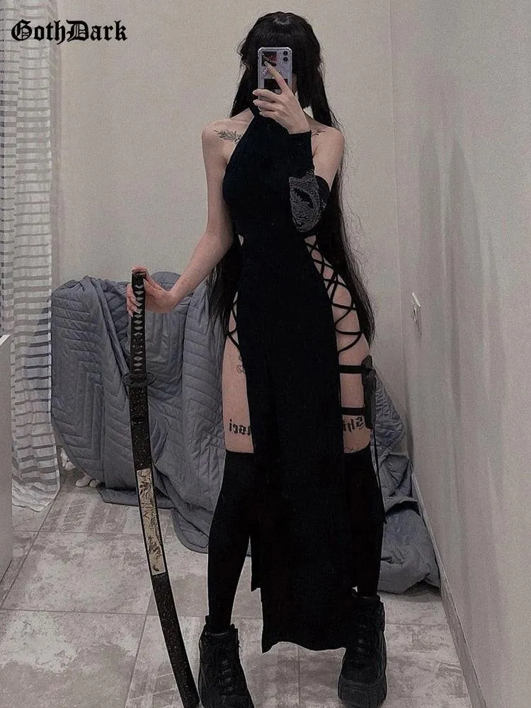 Dark High Split Sexy Bandage Gothic Halter Slim Midi Dress