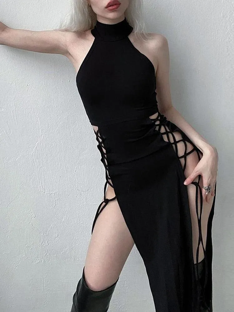 Dark High Split Sexy Bandage Gothic Halter Slim Midi Dress