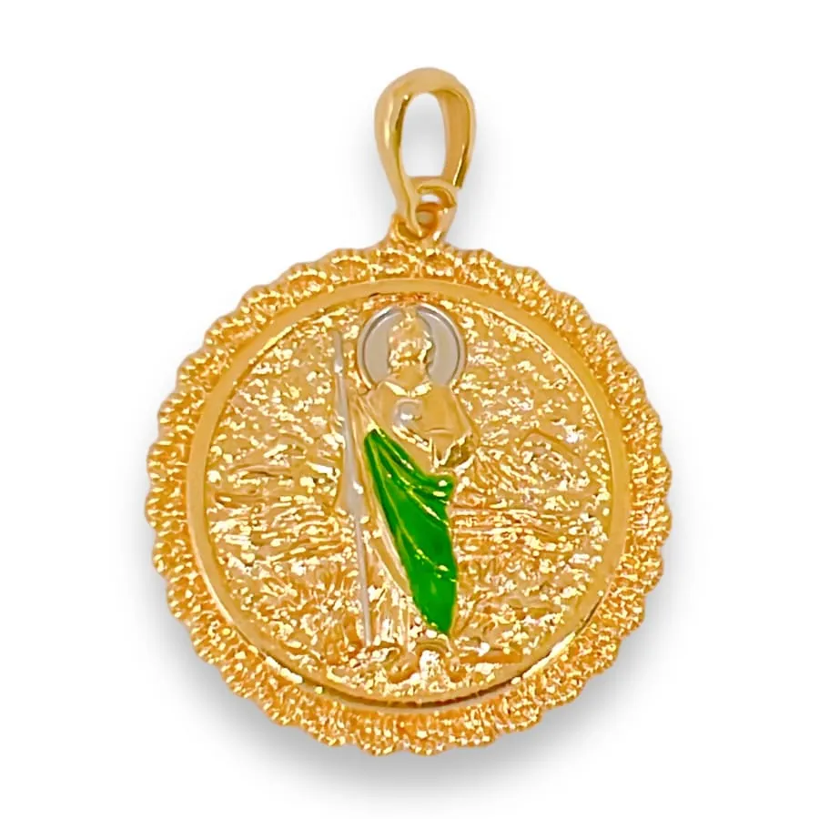 Double sided san judas guadalupe medallion pendant in 18k of gold layering