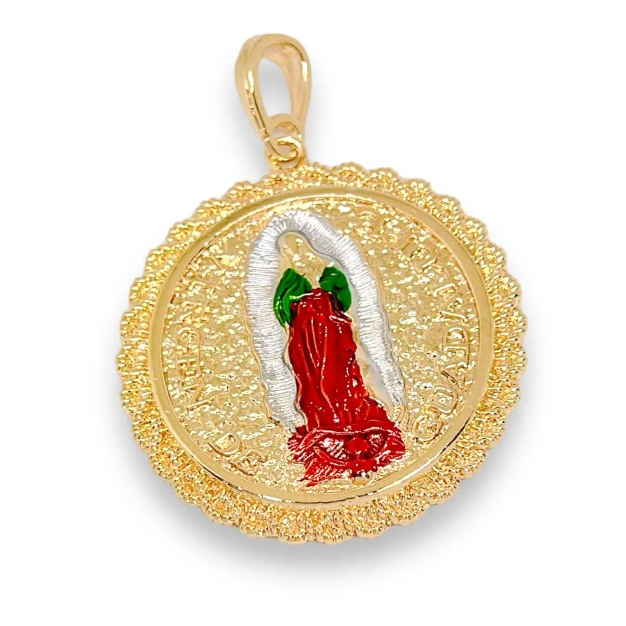 Double sided san judas guadalupe medallion pendant in 18k of gold layering