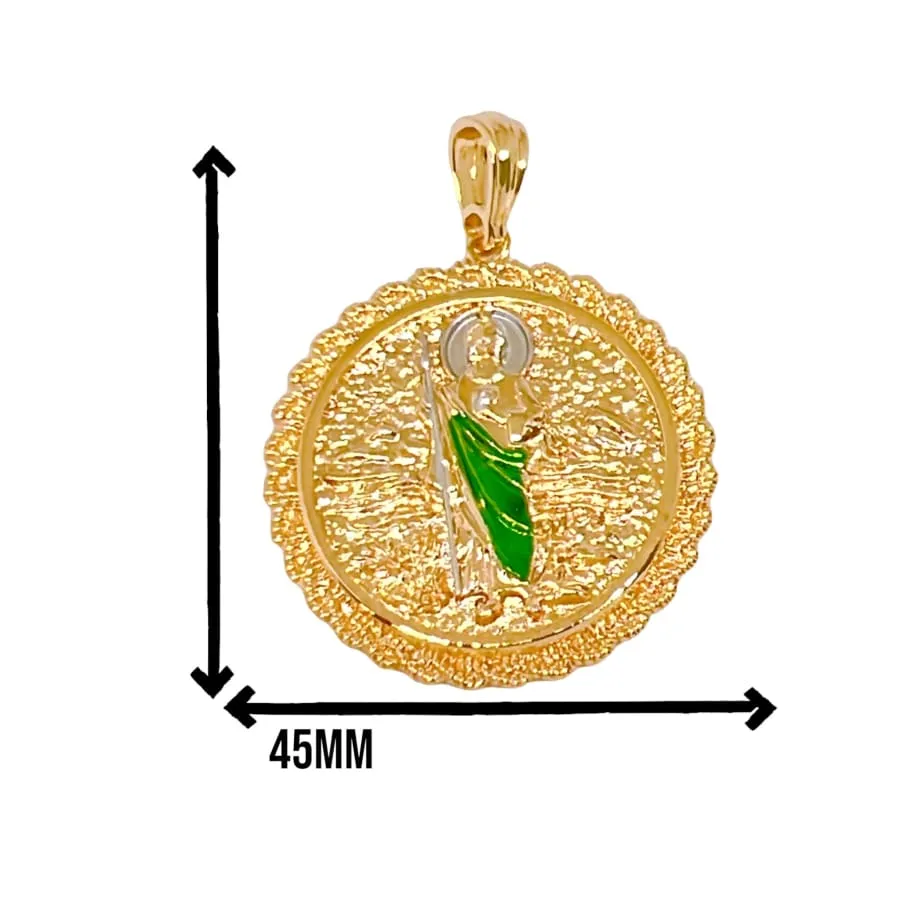 Double sided san judas guadalupe medallion pendant in 18k of gold layering