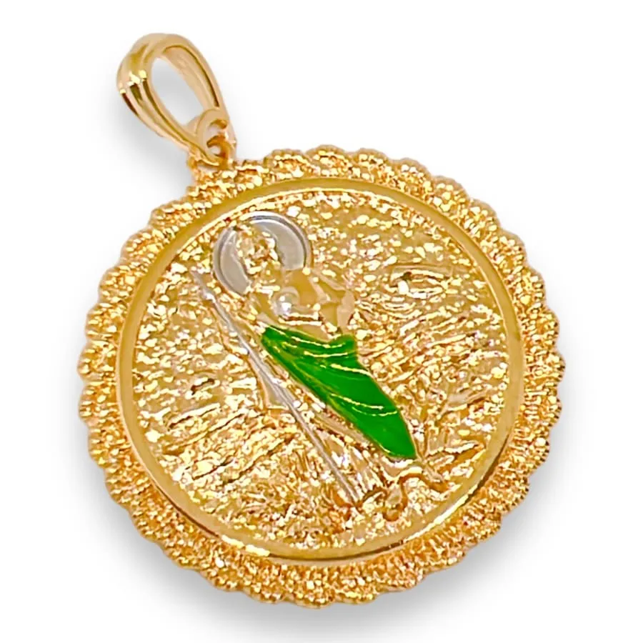 Double sided san judas guadalupe medallion pendant in 18k of gold layering