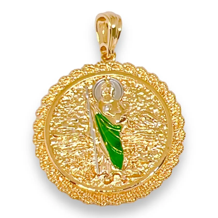 Double sided san judas guadalupe medallion pendant in 18k of gold layering