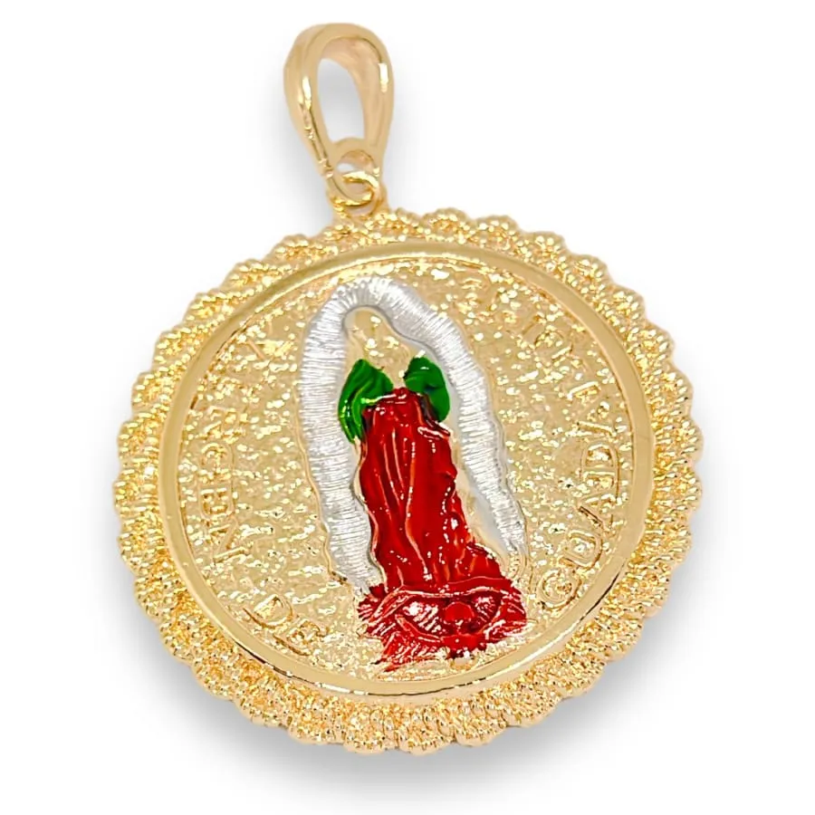 Double sided san judas guadalupe medallion pendant in 18k of gold layering