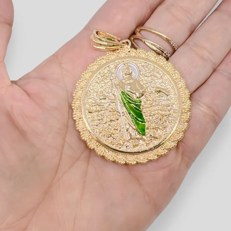 Double sided san judas guadalupe medallion pendant in 18k of gold layering