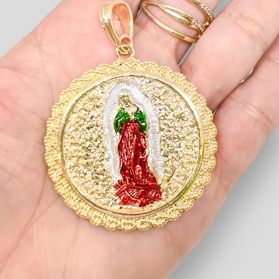 Double sided san judas guadalupe medallion pendant in 18k of gold layering