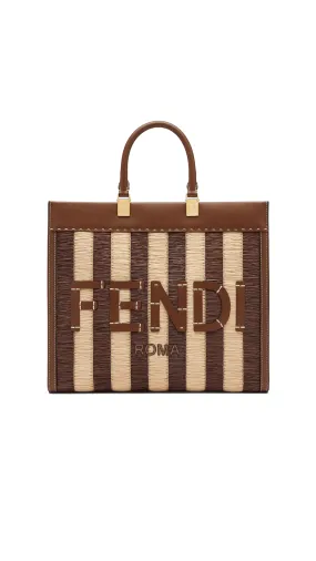 Fendi Sunshine Medium Shopper in Raffia and Leather - Brown/Natural