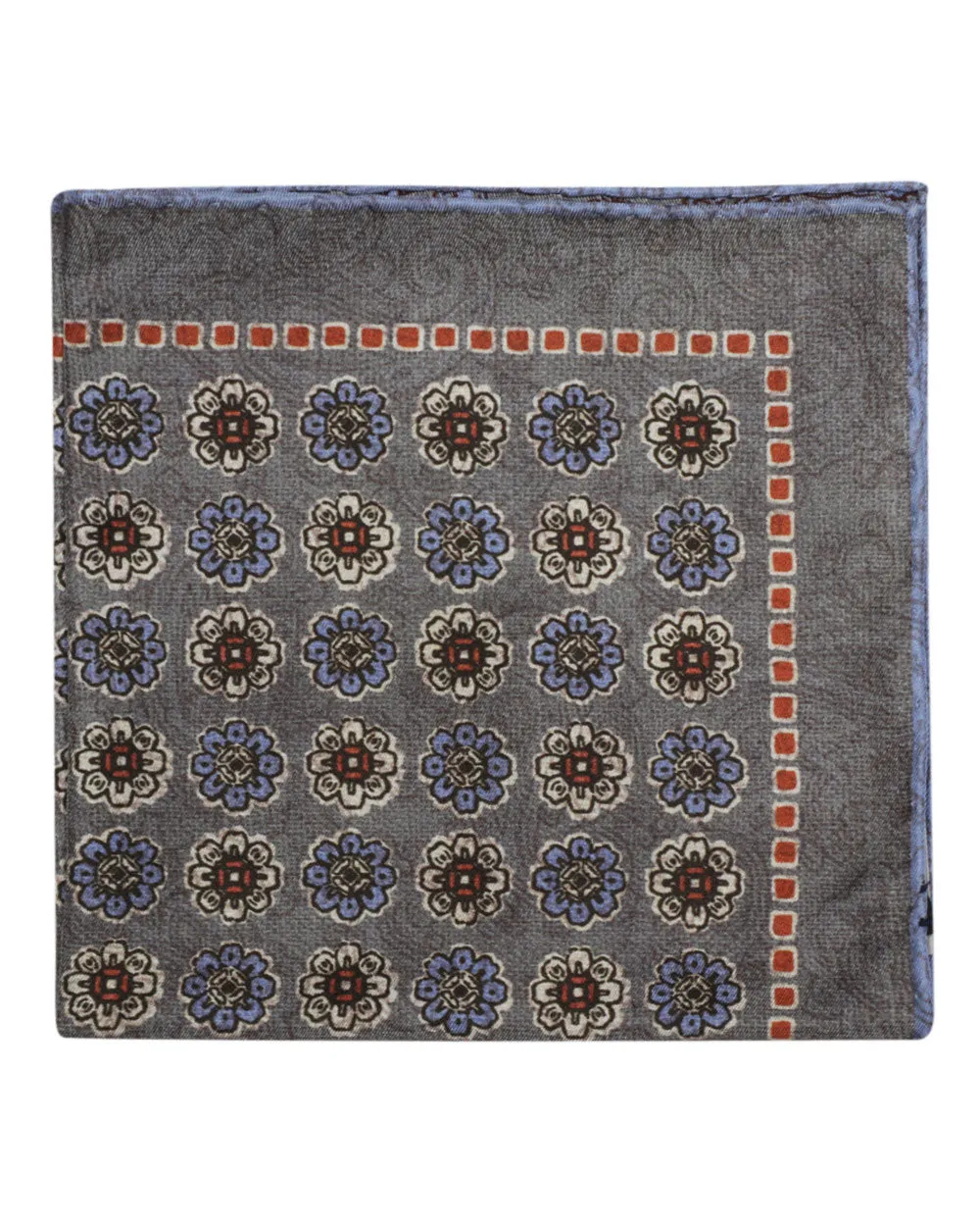 Grey Rust and Blue Floral and Paisley Reversible Silk Pocket Square