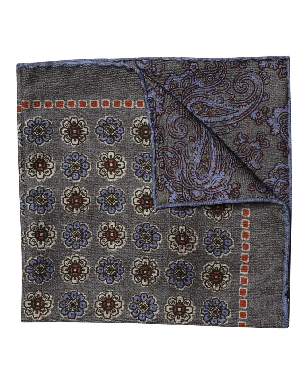 Grey Rust and Blue Floral and Paisley Reversible Silk Pocket Square