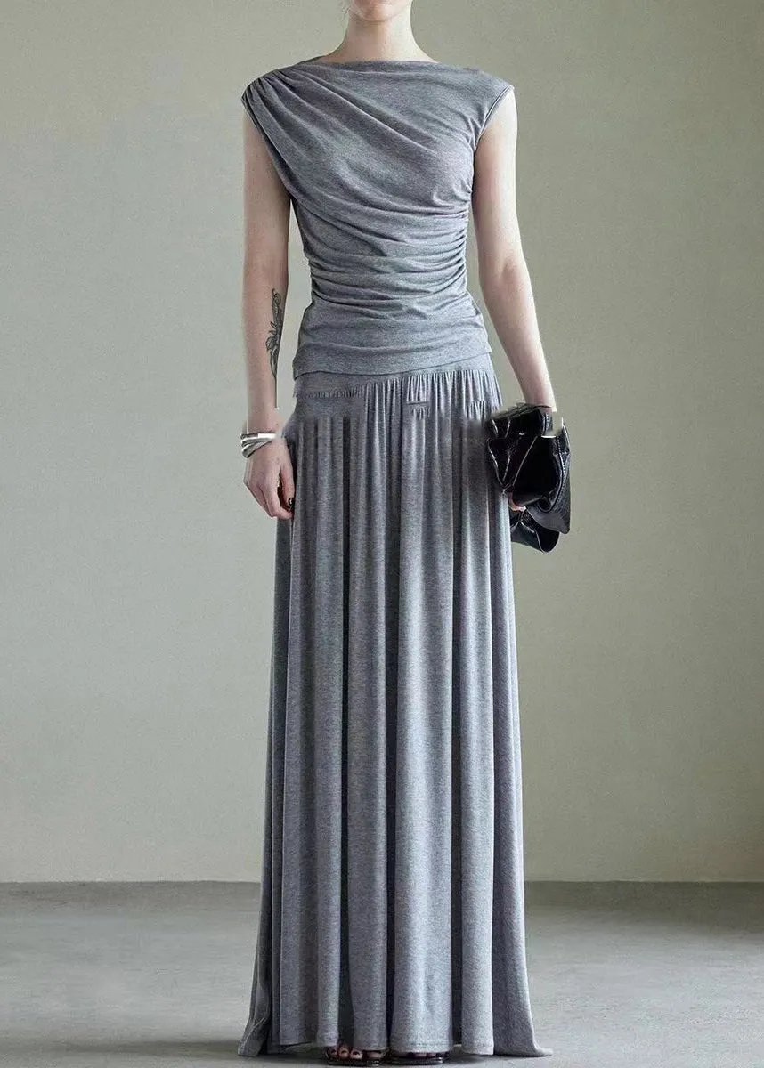 Handmade Grey Slash Neck Vest And Maxi Skirts Cotton Two Piece Set Sleeveless