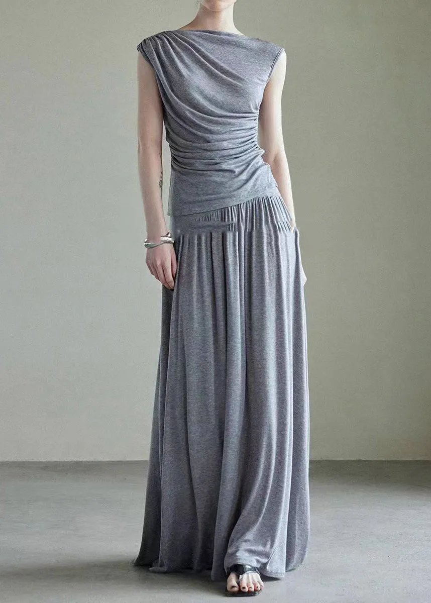 Handmade Grey Slash Neck Vest And Maxi Skirts Cotton Two Piece Set Sleeveless