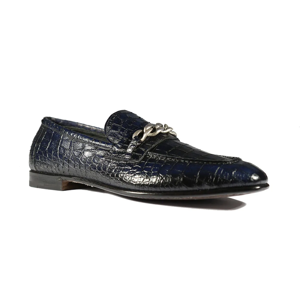 Jo Ghost 2955 Men's Shoes Navy Crocodile Print Leather Chain Loafers (JG5312)