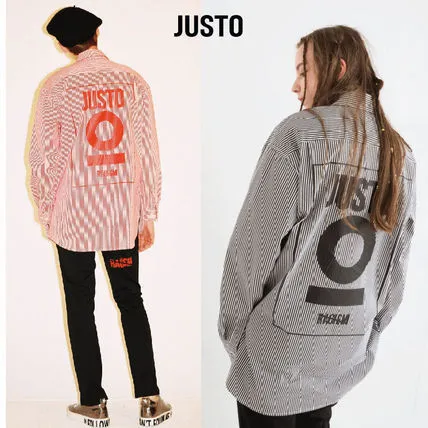 JUSTO  |Stripes Unisex Street Style Long Sleeves Cotton Oversized