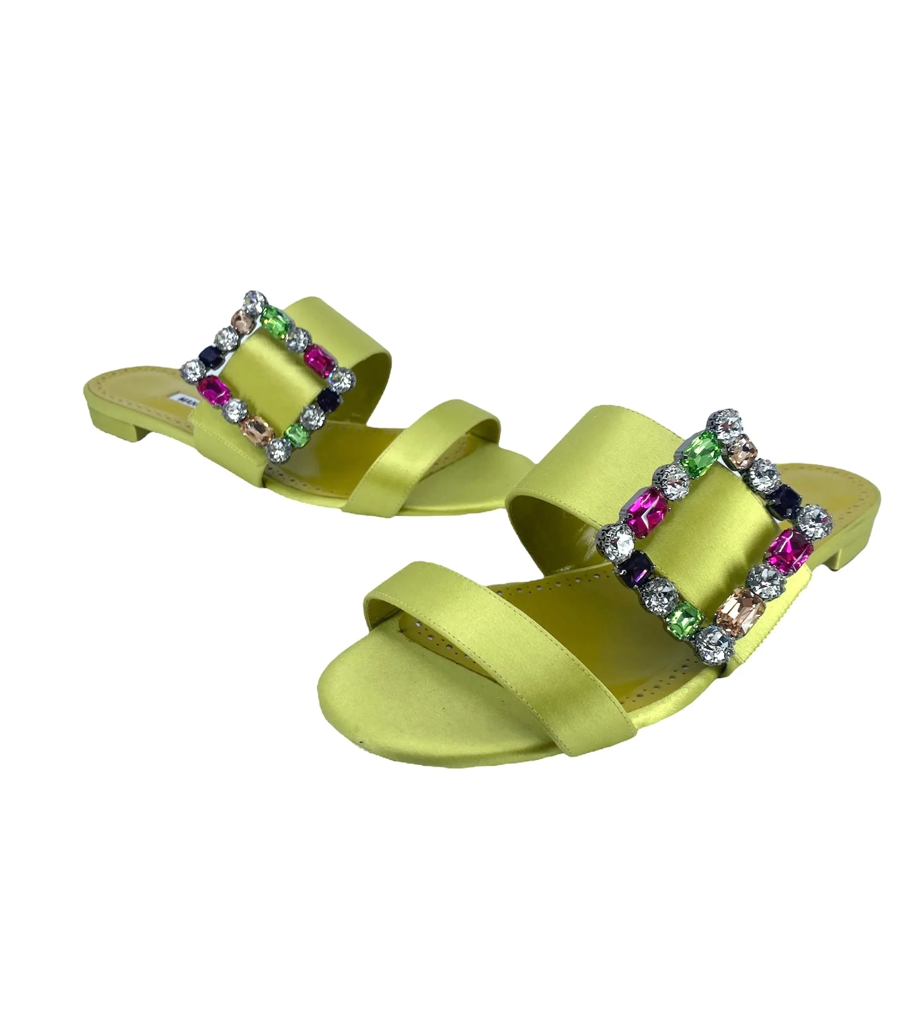 Manolo Blahnik Verda Crystal Buckle Flat Sandals In Green Size 38 1/2