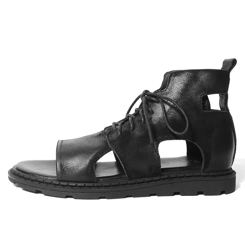 Men High Top Leather Sandals Black 