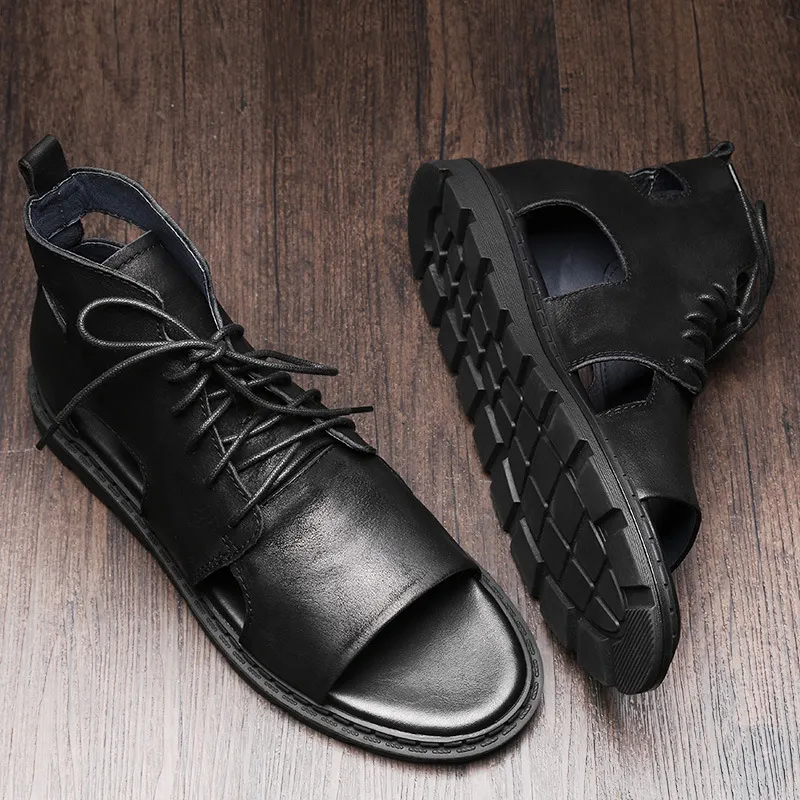 Men High Top Leather Sandals Black 