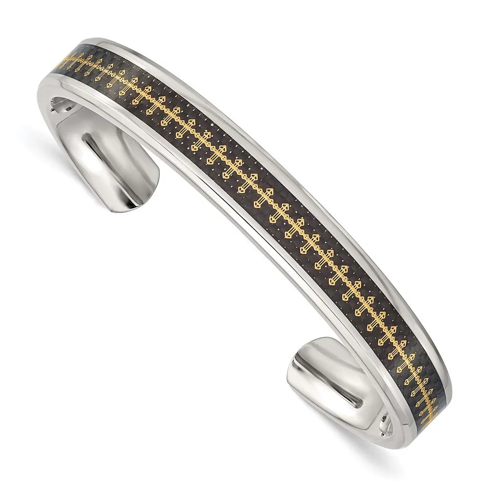 Mens Stainless Steel, Blk Carbon Fiber & Gold Tone Cross Cuff Bracelet