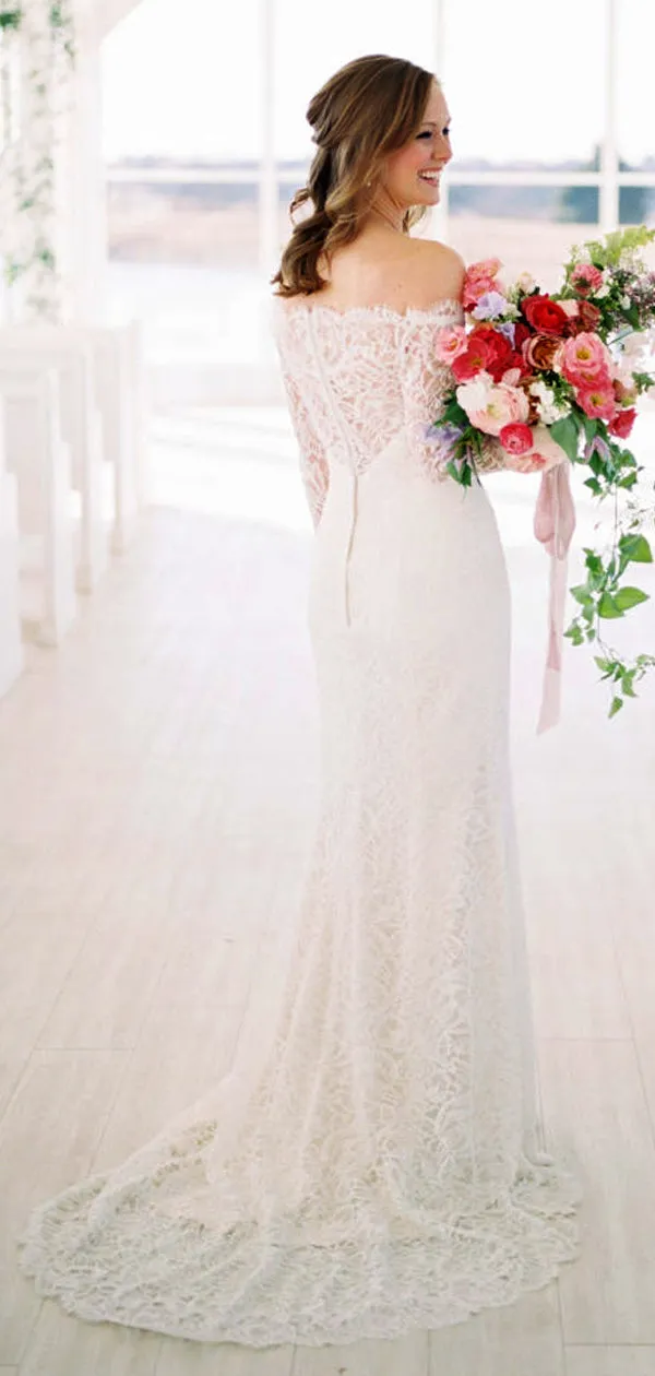 Off Shoulder Long Sleeve Lace Charming Wedding Dresses,DB0168