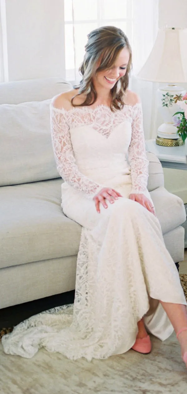 Off Shoulder Long Sleeve Lace Charming Wedding Dresses,DB0168