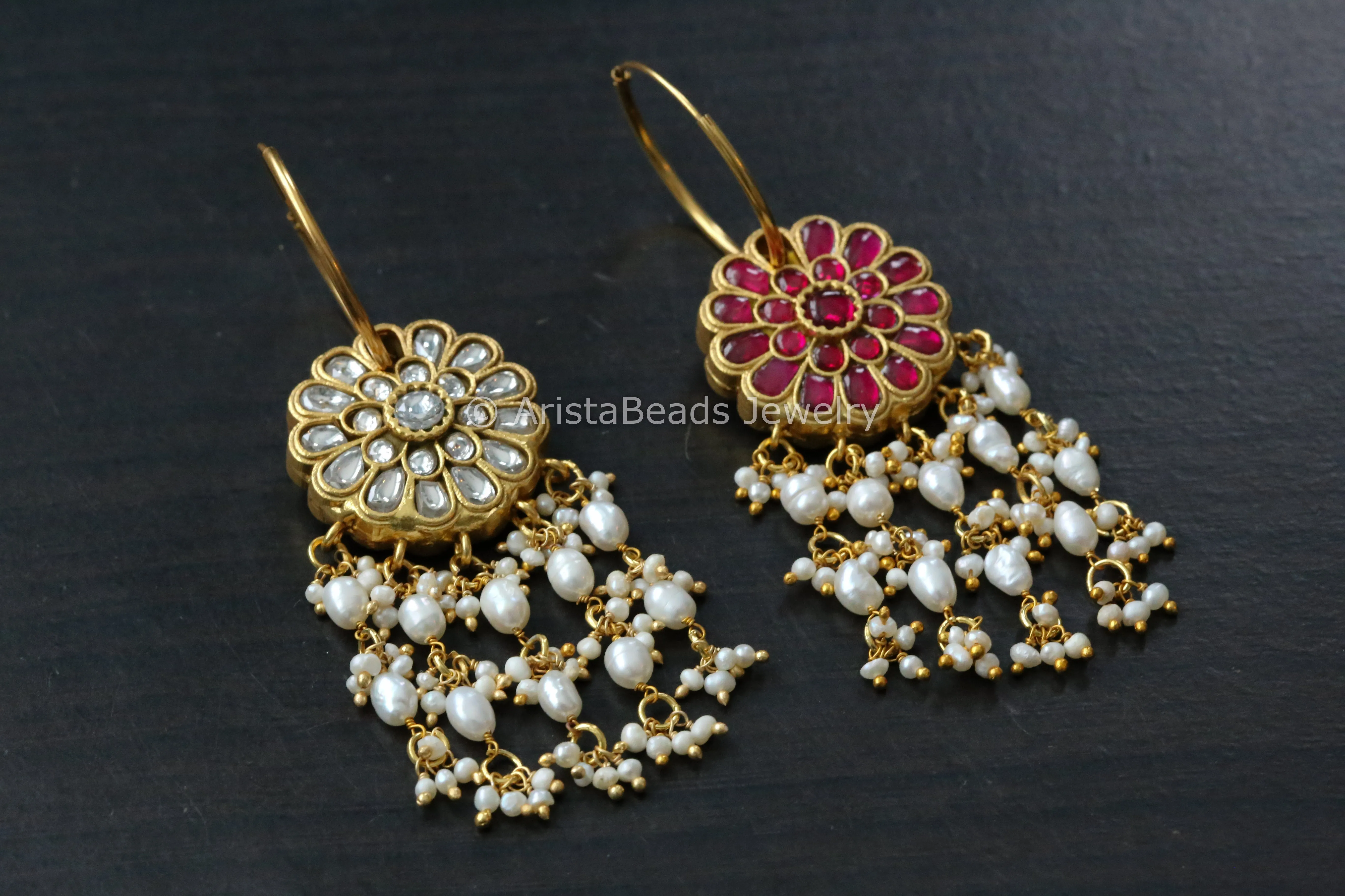 Reversible Jadau Kundan Hoops - Ruby Clear