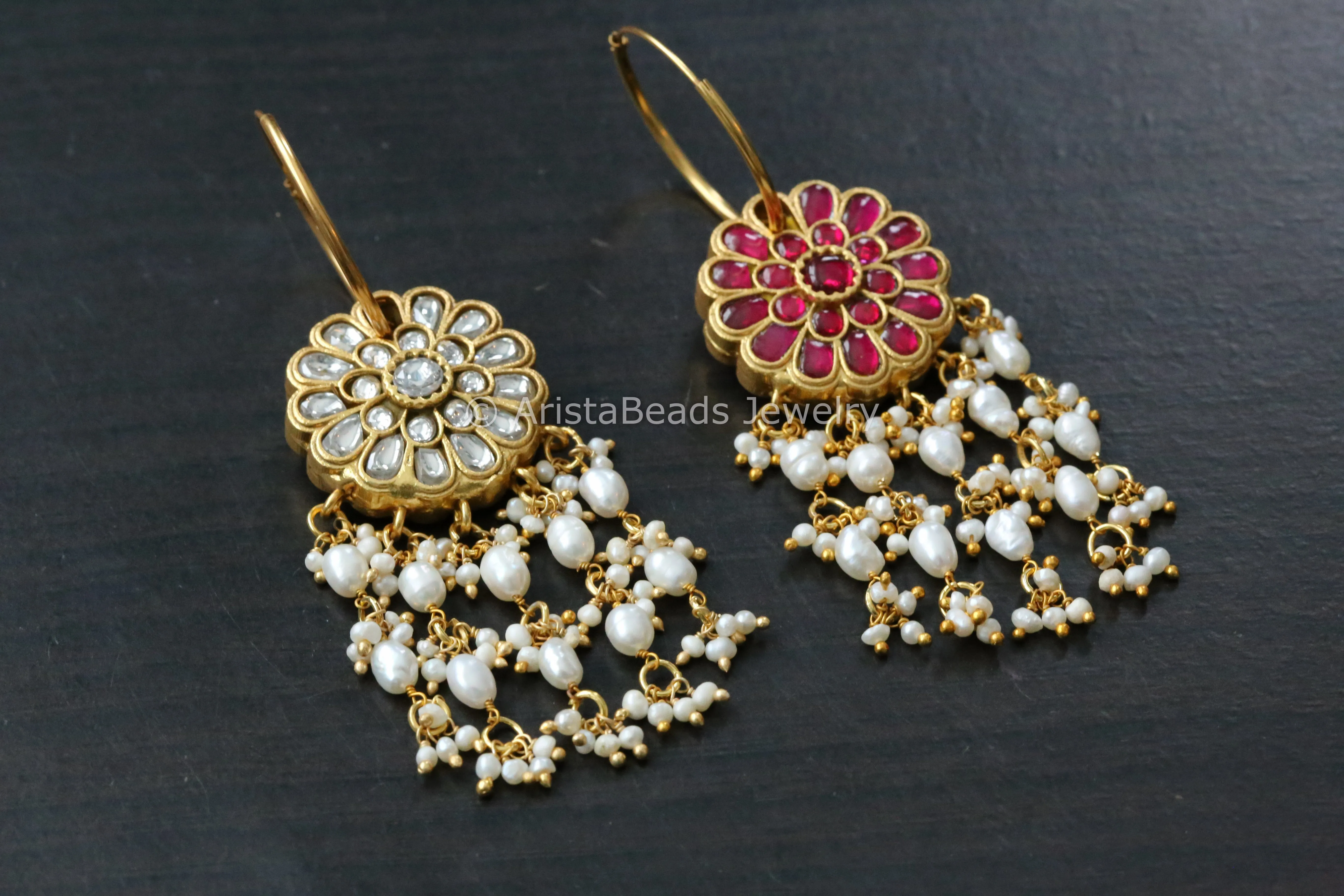 Reversible Jadau Kundan Hoops - Ruby Clear