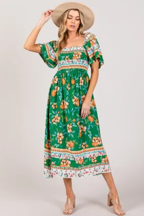 Sage Printed Smocked Short Sleeve Midi Dress