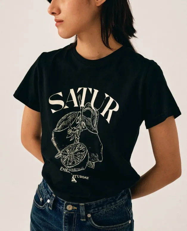 SATUR  |Unisex U-Neck Cotton Oversized Logo T-Shirts