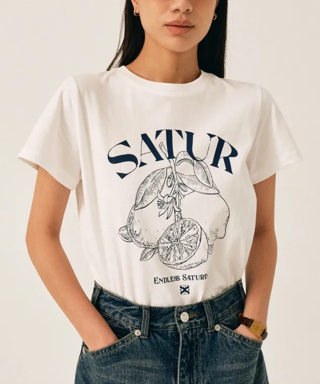 SATUR  |Unisex U-Neck Cotton Oversized Logo T-Shirts