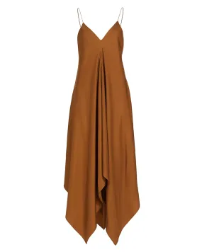 Tan Silk Strap Dress with Wider Hem