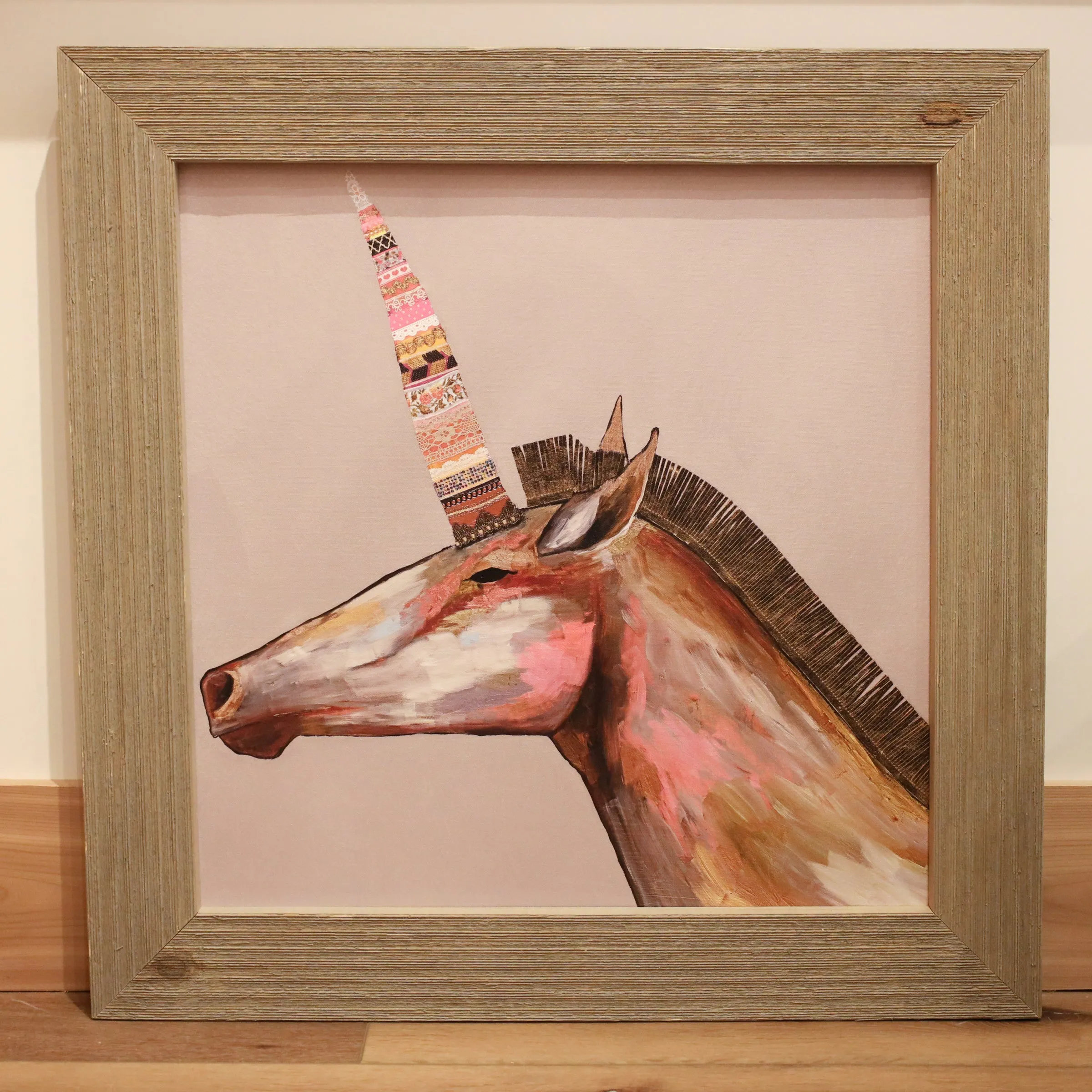 Unicorn with Leather Mane Framed Art 30.25 x 30.25