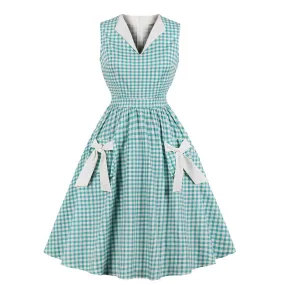 Vintage 50s 60s Retro Cotton Sleeveless Bowknow Robe Pin Up Swing Plaid Women Casual Dresses