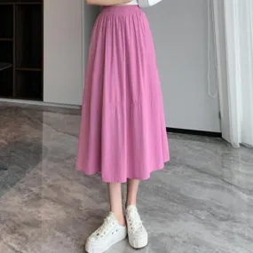 Women Elegant High Waist Pleated Maxi Skirts A-line Long Summer Korean Pink Skirt