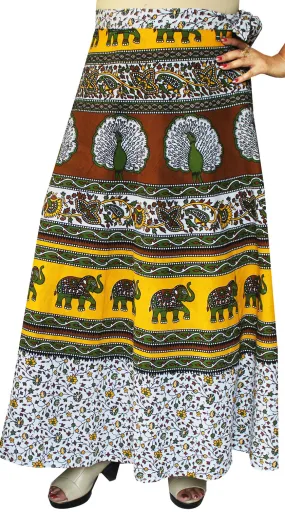 Women's Printed Long Cotton Wrap Around India Skirt (Yellow, One Size)